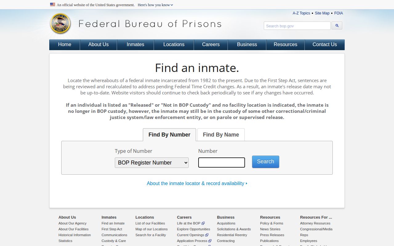 Federal Bureau of Prisons locator form for federal release records connected to Overton County cases