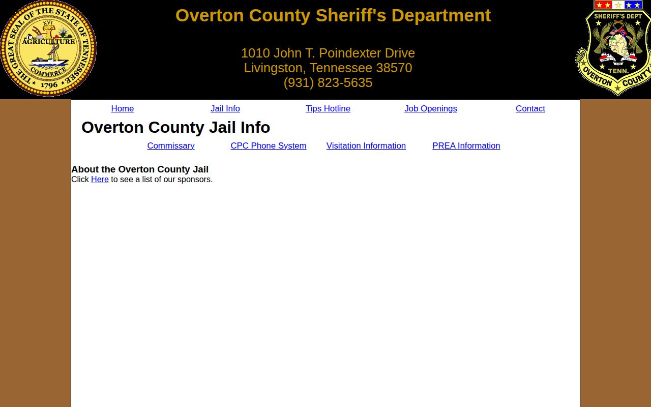 Official Overton County Jail page without a recent release feed