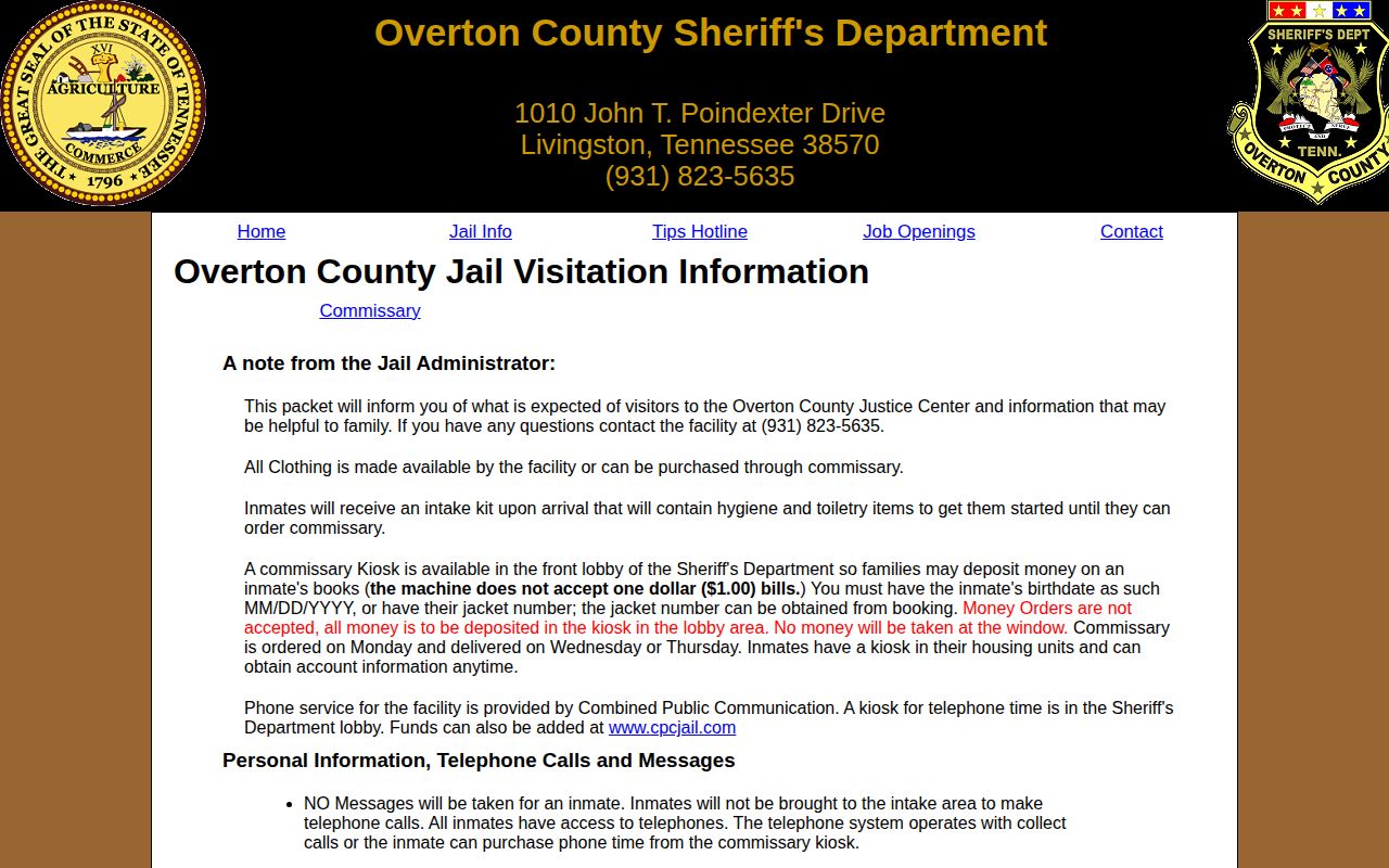 Overton County Jail telephone limits and release record request guidance