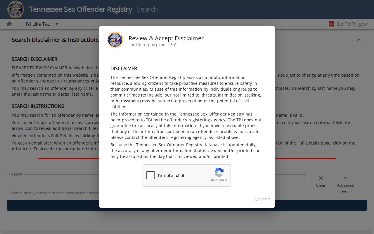 TBI Sex Offender Registry search fields used as a limited Overton County post-release record