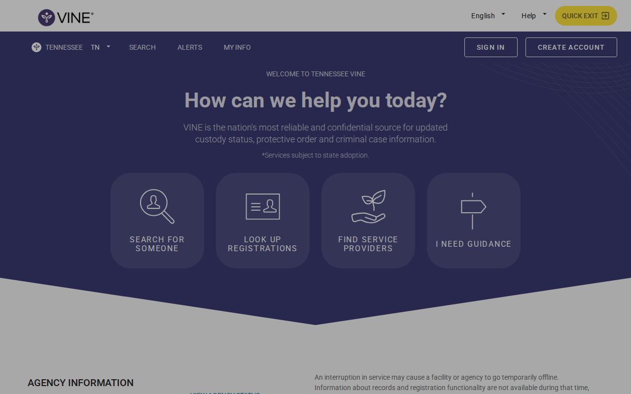 Overton County VINELink inmate search landing screen for Tennessee custody records